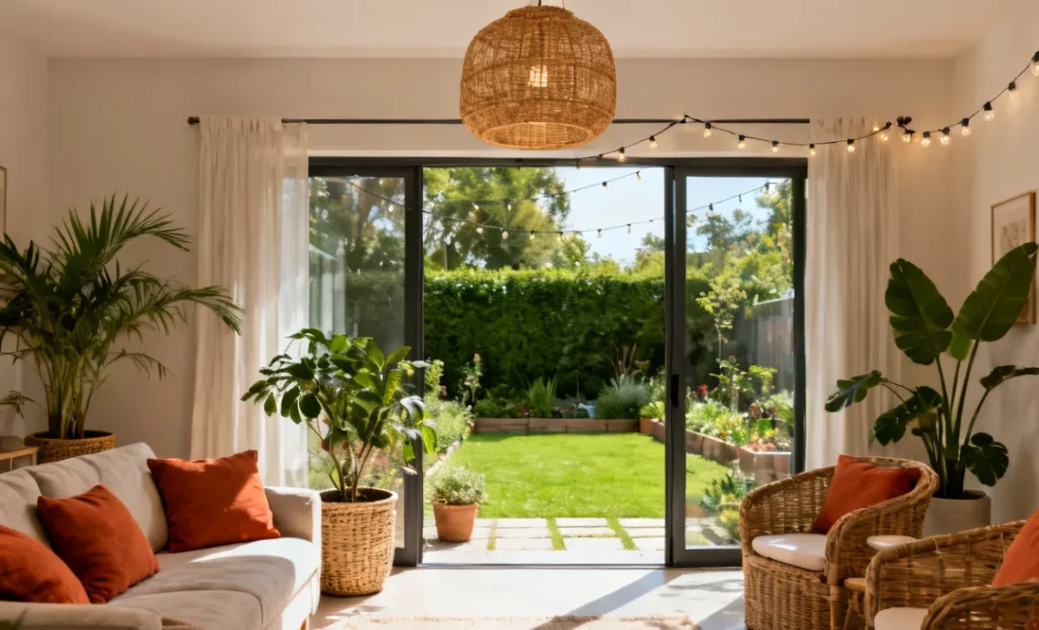 Warm living room with rattan pendant light connected to outdoor patio with wicker furniture and garden – home decoration tips for inside and out