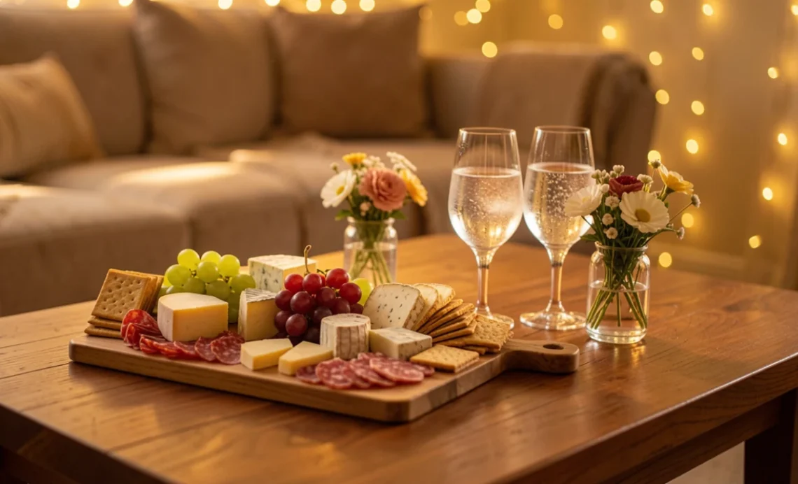 7 Home Hacks and Tips to Throw the Ultimate House Party (Updated Guide) 1 House party tips and hosting guide featuring a charcuterie board, drinks, and warm living room decor