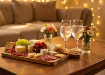 House party tips and hosting guide featuring a charcuterie board, drinks, and warm living room decor