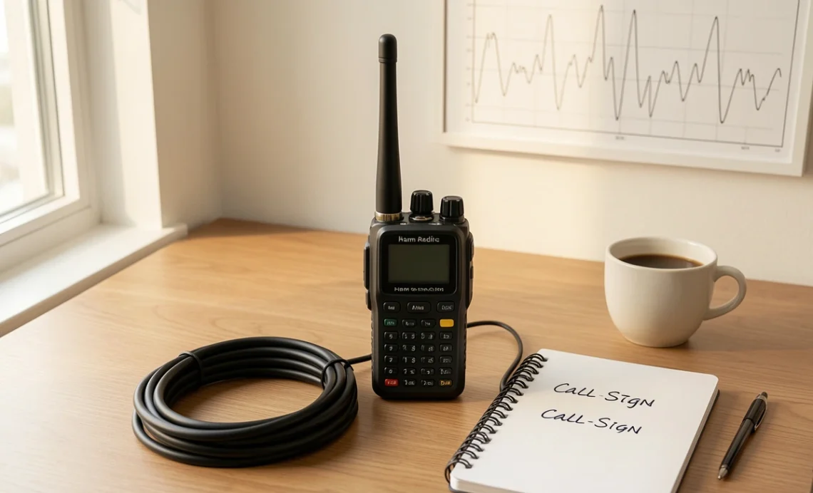 How Ham Radio Works: A Complete Beginner's Guide 1 Ham radio equipment including a handheld transceiver, antenna, and notebook on a desk – illustrating how ham radio works in practice