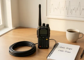 Ham radio equipment including a handheld transceiver, antenna, and notebook on a desk – illustrating how ham radio works in practice