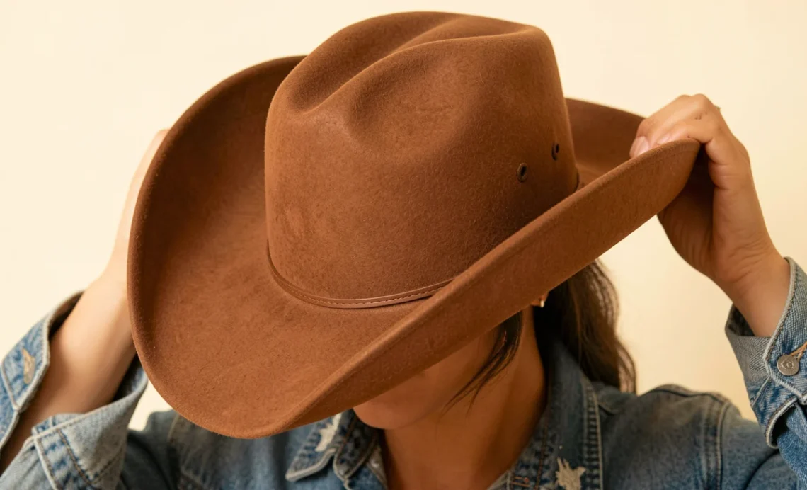 Person adjusting the fit of a brown felt cowboy hat on head showing proper western hat fit guide