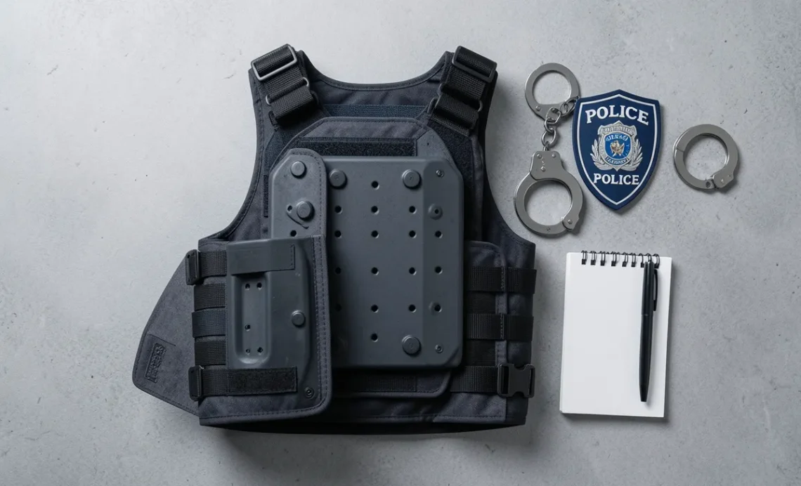 Choosing the Right Bulletproof Vest: A Practical Guide to Types, Protection Levels, and What Actually Works 1 Choosing a bulletproof vest guide showing tactical body armor with ceramic plate, police badge, and handcuffs on gray background