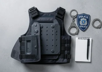 Choosing a bulletproof vest guide showing tactical body armor with ceramic plate, police badge, and handcuffs on gray background