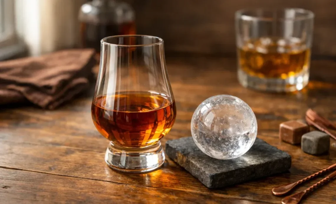 How to drink bourbon for beginners – Glencairn glass with amber bourbon and large ice cube on wooden table