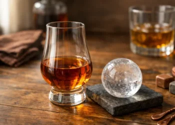 How to drink bourbon for beginners – Glencairn glass with amber bourbon and large ice cube on wooden table