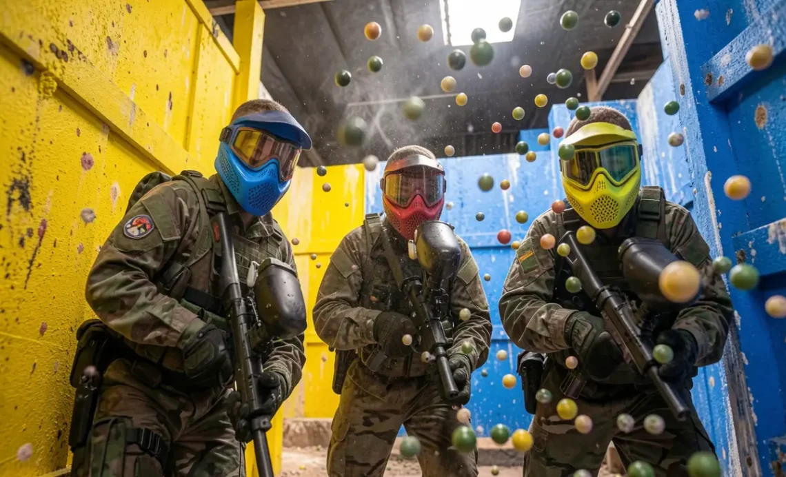How to Play Paintball: A Complete Beginner’s Guide (Rules, Gear, Safety & Tips) 1 How to play paintball beginners guide - players in protective masks and gear moving between bunkers on a sunny paintball field