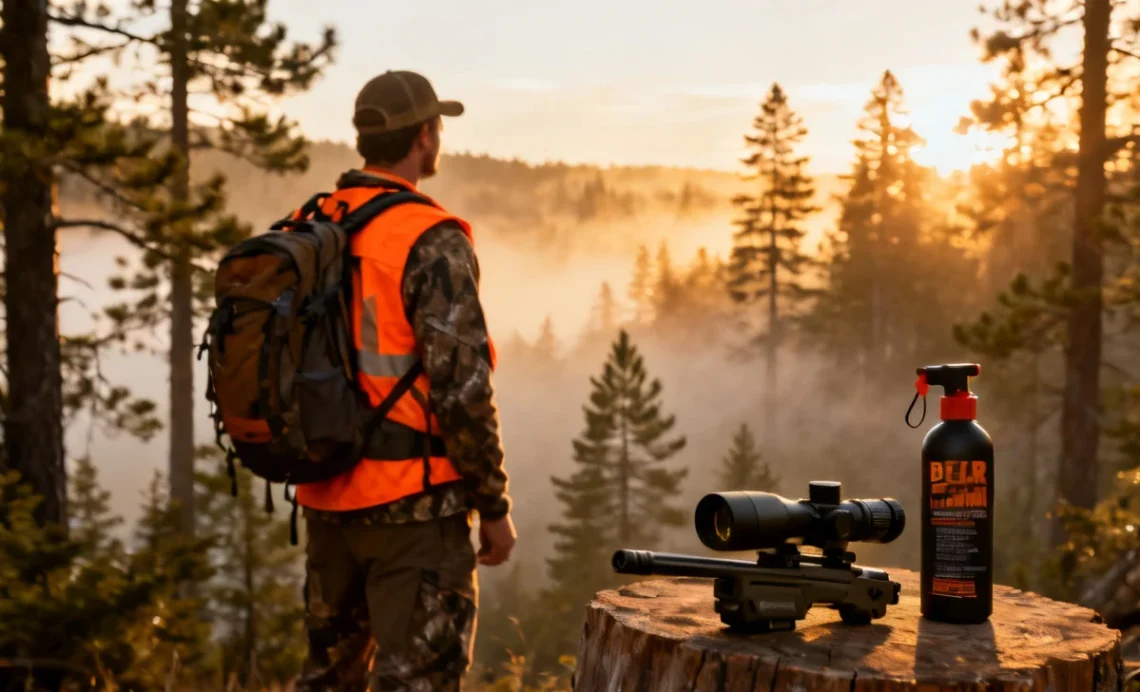 Prepared hunting safety tips wearing high-vis jacket with thermal scope and bear spray in a forest wilderness setting