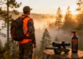 Prepared hunting safety tips wearing high-vis jacket with thermal scope and bear spray in a forest wilderness setting