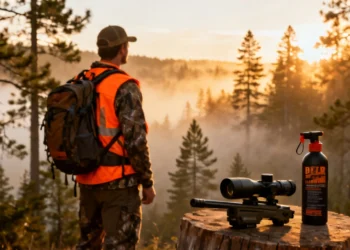 Prepared hunting safety tips wearing high-vis jacket with thermal scope and bear spray in a forest wilderness setting