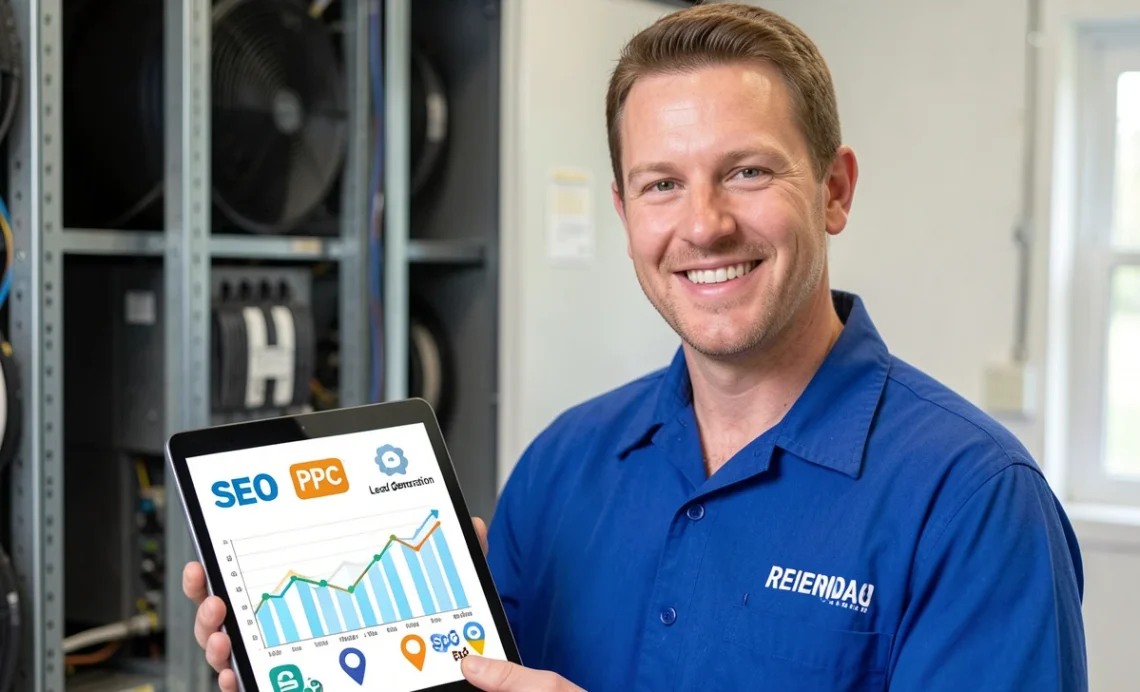 HVAC technician reviewing HVAC marketing strategies and lead generation data on a tablet in a residential neighborhood.