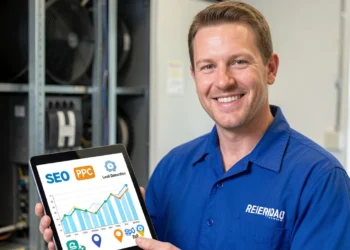 HVAC technician reviewing HVAC marketing strategies and lead generation data on a tablet in a residential neighborhood.