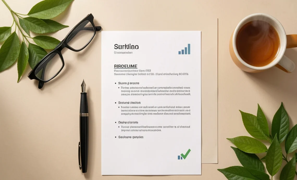 Ideal Resume Structure: A Complete Guide for Job Seekers 1 Clean resume structure guide with pen, glasses, and coffee mug on a minimalist workspace