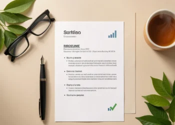 Clean resume structure guide with pen, glasses, and coffee mug on a minimalist workspace