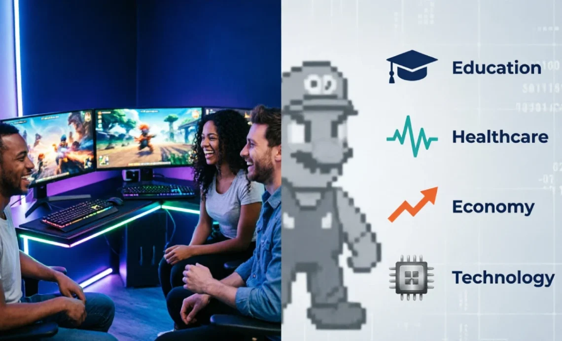Impact of computer games on society showing gamers socializing and icons for education, health, economy, and technology