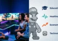 Impact of computer games on society showing gamers socializing and icons for education, health, economy, and technology