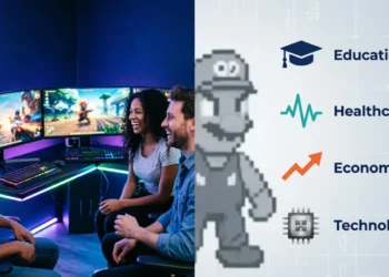 Impact of computer games on society showing gamers socializing and icons for education, health, economy, and technology