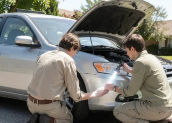 Person Inspect A Used Car tyre tread and wheel condition outdoors as part of a pre-purchase safety checklist.