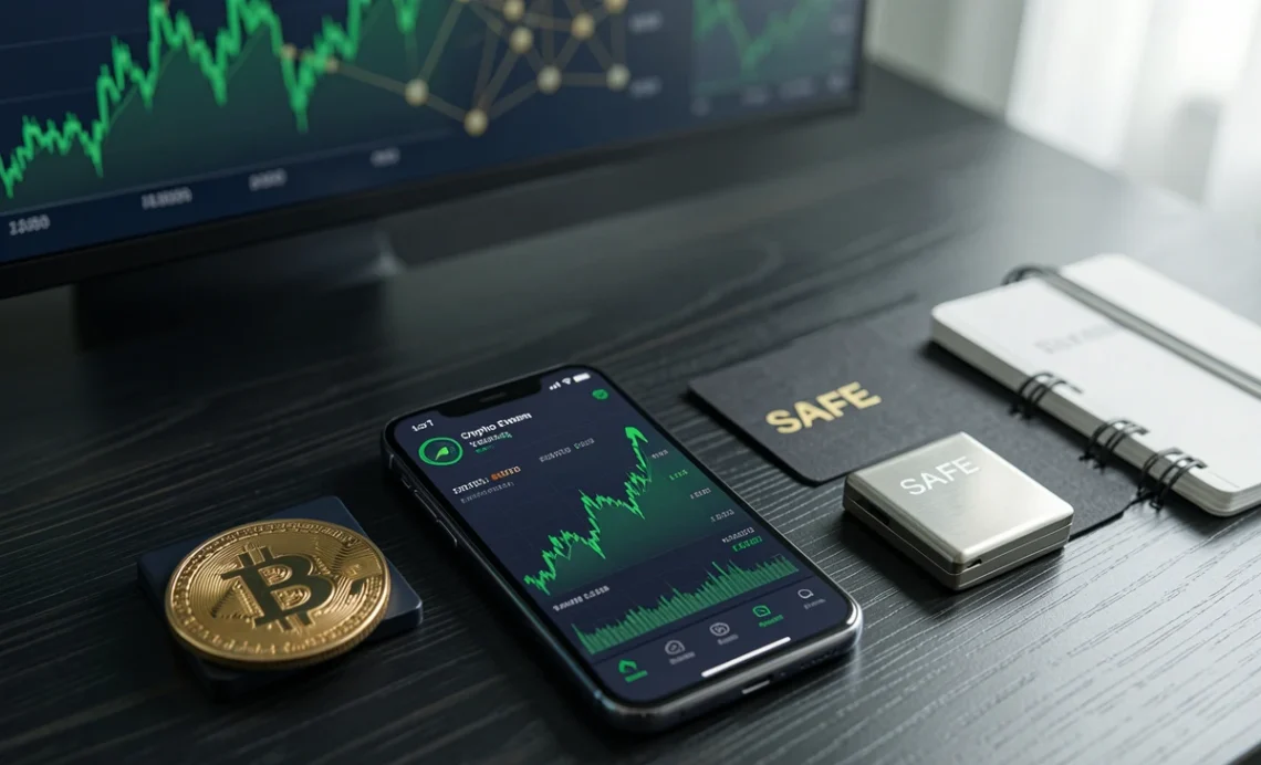 Smartphone showing crypto price charts with Bitcoin coin, hardware wallet, and notebook reading SAFE – tips for investing in cryptocurrency safely