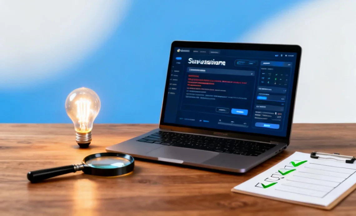 Person reviewing IT problems solution checklist on laptop with observability dashboard, symbolizing business tech troubleshooting and solutions.
