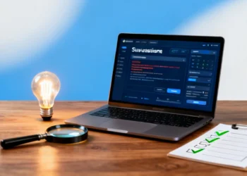 Person reviewing IT problems solution checklist on laptop with observability dashboard, symbolizing business tech troubleshooting and solutions.