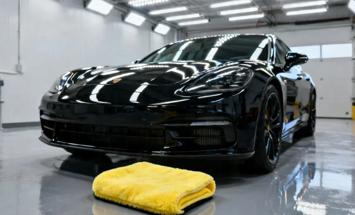 How To Keep Black Car Clean: The Ultimate Swirl-Free Guide 1 Glossy black car hood with two blue wash buckets, microfiber mitt, and drying towels arranged for a two-bucket wash method to keep black car clean without swirl marks.