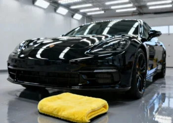 How To Keep Black Car Clean: The Ultimate Swirl-Free Guide 1 Glossy black car hood with two blue wash buckets, microfiber mitt, and drying towels arranged for a two-bucket wash method to keep black car clean without swirl marks.