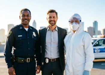 Diverse group of law enforcement career advice professionals including police officer, detective, and crime scene investigator standing together for a career advice article