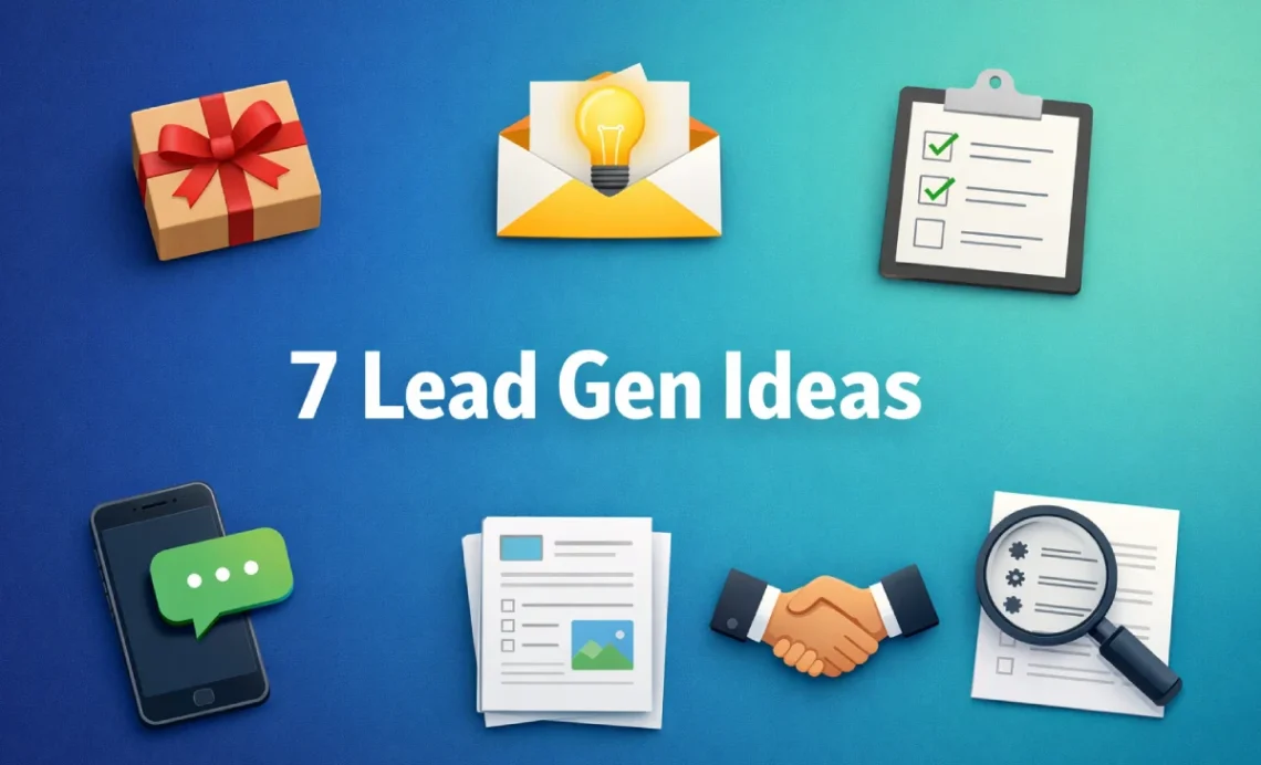 Seven creative lead generation ideas displayed visually including direct mail, email courses, quizzes, live chat, templates, industry insights, and tool lists on a modern blue and teal gradient background.