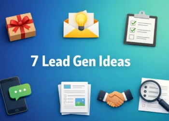 Seven creative lead generation ideas displayed visually including direct mail, email courses, quizzes, live chat, templates, industry insights, and tool lists on a modern blue and teal gradient background.