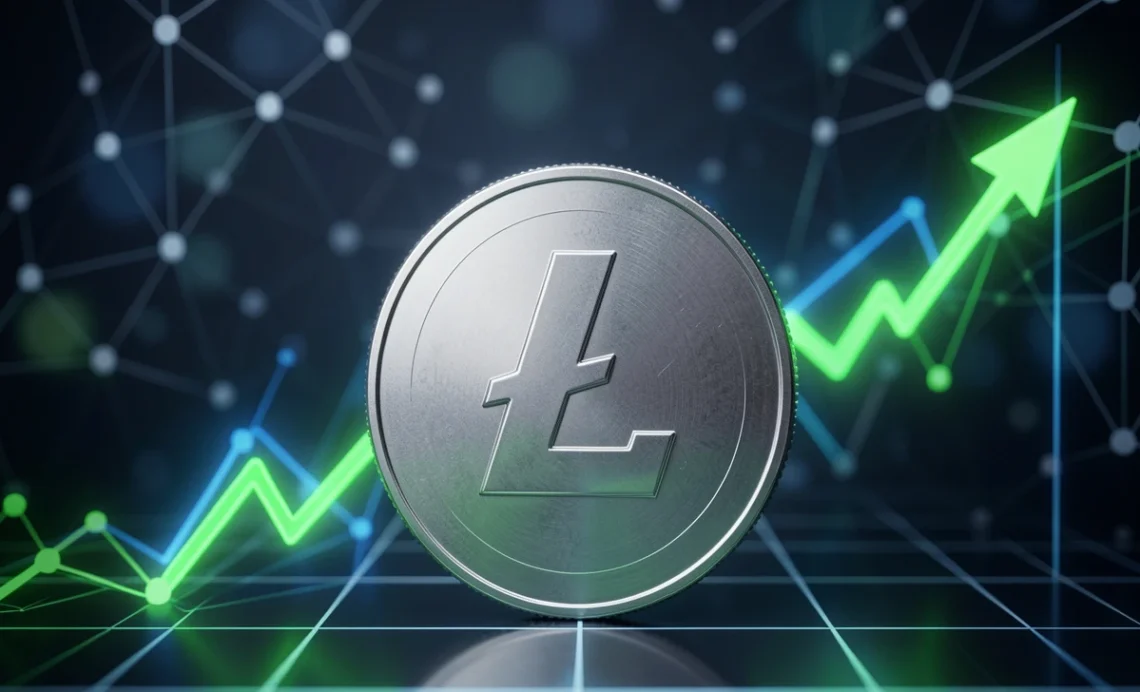 Litecoin price prediction – silver Litecoin coin on rising crypto chart with blockchain network background