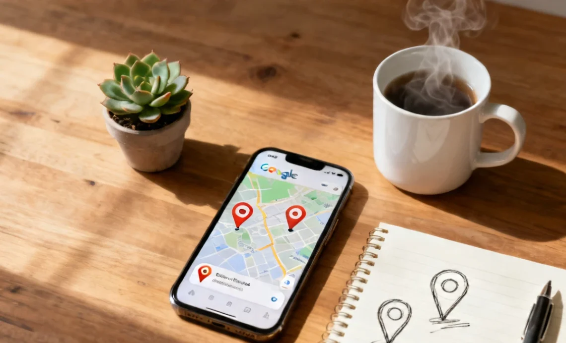 Smartphone showing Google Maps local search results with business pins beside a notebook, pen, coffee mug, and succulent plant on a wooden desk