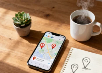 Smartphone showing Google Maps local search results with business pins beside a notebook, pen, coffee mug, and succulent plant on a wooden desk