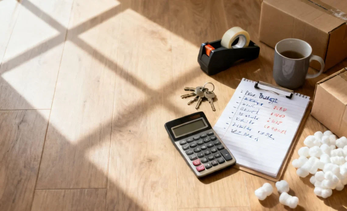 Moving house budget planning with calculator, notepad, house keys, and cardboard moving box on wooden floor