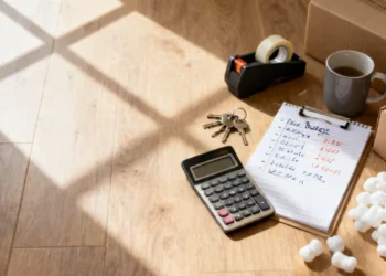 Moving house budget planning with calculator, notepad, house keys, and cardboard moving box on wooden floor