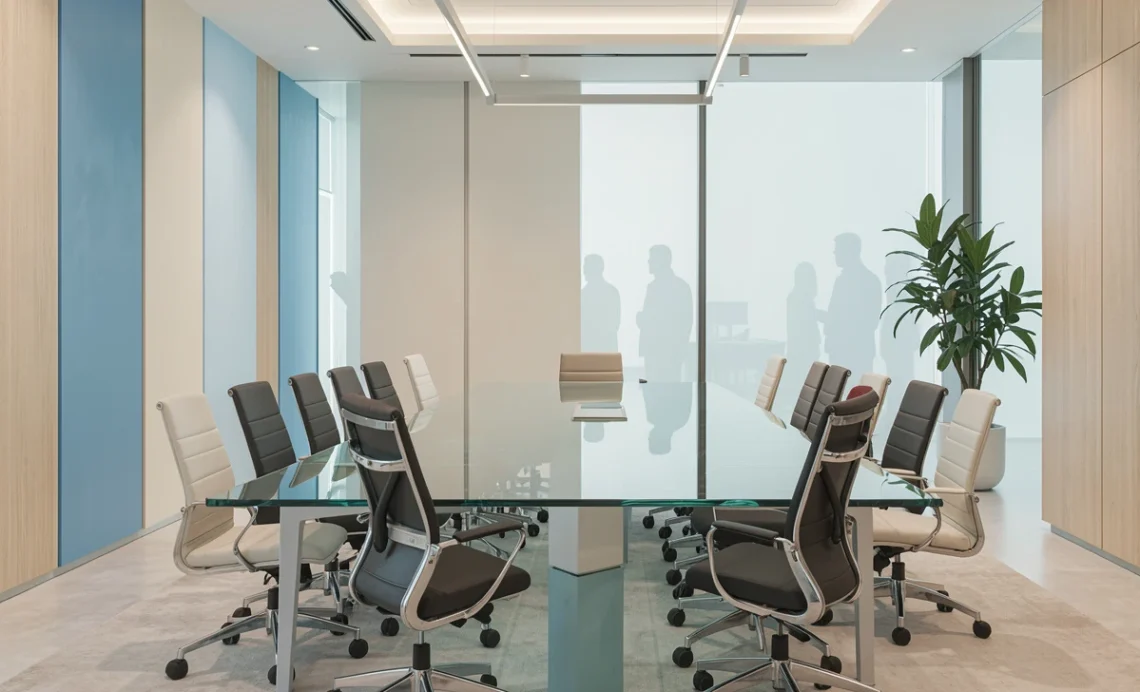 Modern office design and layout with open workspace, natural light, ergonomic furniture, and collaborative areas