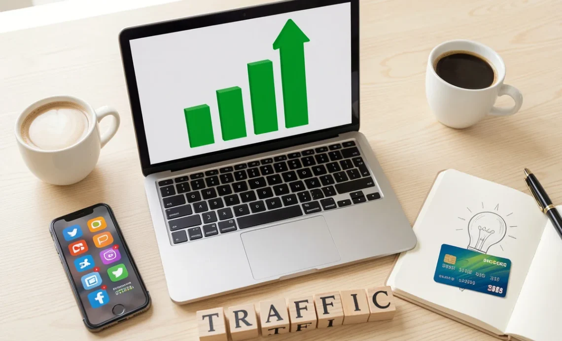 Online business promotion ideas on a desk with laptop showing growth chart, smartphone, and coffee cup