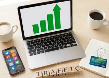 Online business promotion ideas on a desk with laptop showing growth chart, smartphone, and coffee cup