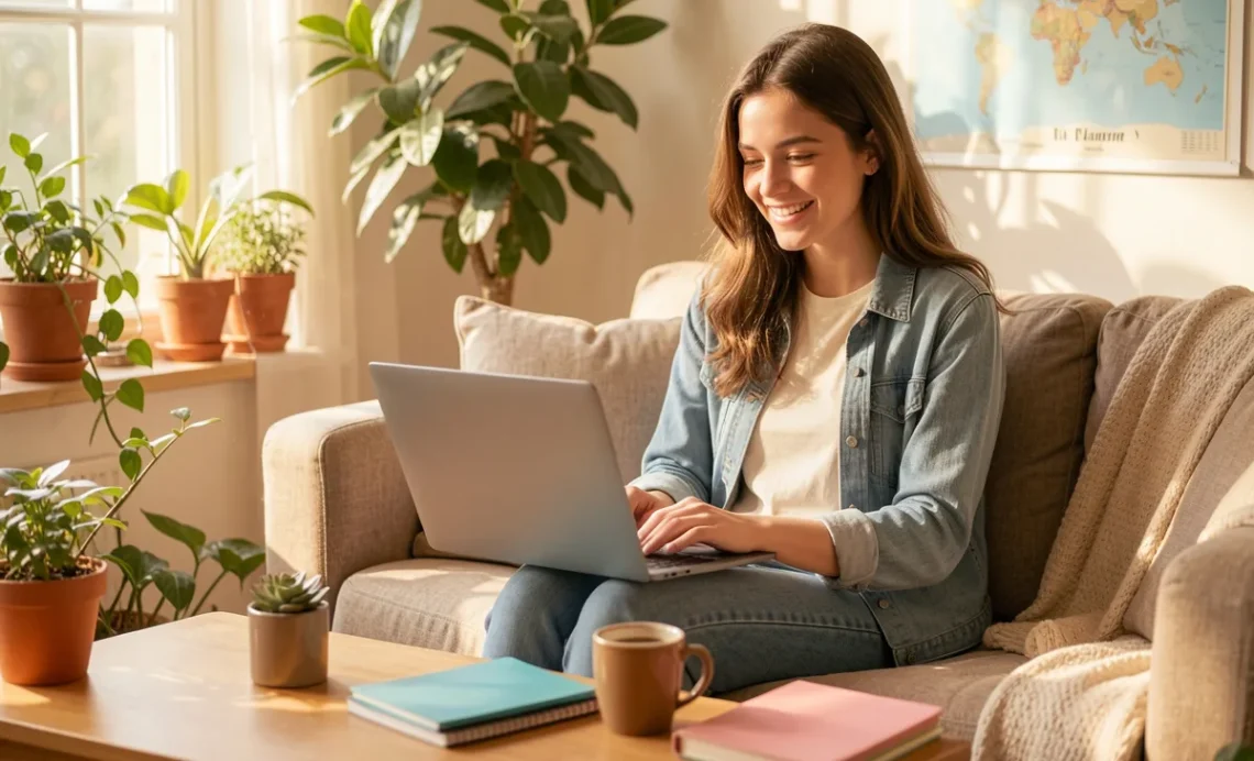The Perks of Online Education: Unlock Real Online Education Perks That Change Everything 1 Woman learning online from home with laptop, coffee, and notebooks — showing perks of online education like flexible schedules and no commuting.