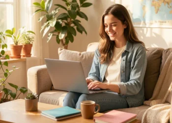 Woman learning online from home with laptop, coffee, and notebooks — showing perks of online education like flexible schedules and no commuting.