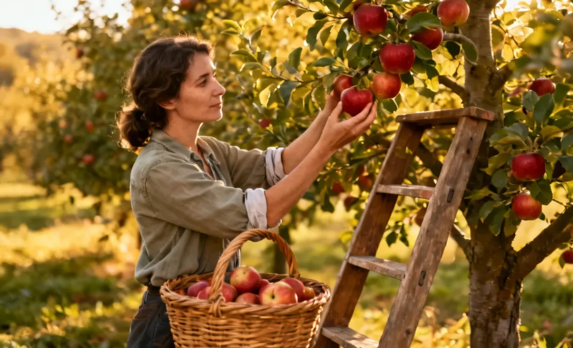 Woman inspecting ripe apples on apple tree during orchard maintenance, with basket of fresh fruit on the grass.