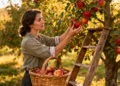 Woman inspecting ripe apples on apple tree during orchard maintenance, with basket of fresh fruit on the grass.
