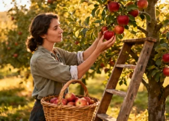Woman inspecting ripe apples on apple tree during orchard maintenance, with basket of fresh fruit on the grass.