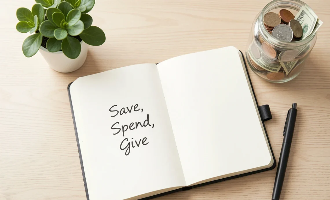 A notebook with a handwritten budget list and a glass jar filled with coins on a wooden desk, representing personal financial education and saving money.