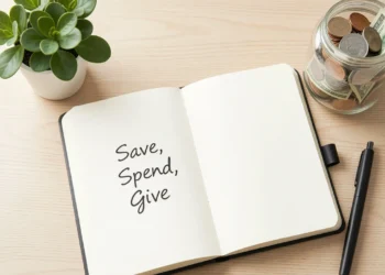 A notebook with a handwritten budget list and a glass jar filled with coins on a wooden desk, representing personal financial education and saving money.