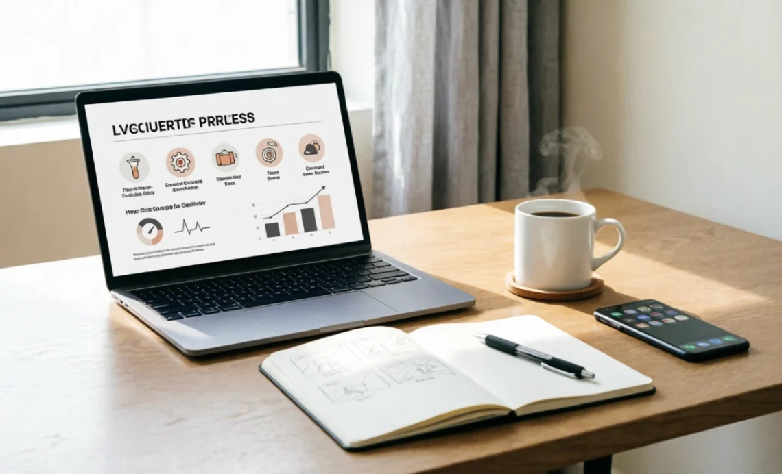 Professional presentation design guide featured image showing a laptop with clean presentation slides, notebook sketches, and modern workspace setup.