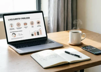 Professional presentation design guide featured image showing a laptop with clean presentation slides, notebook sketches, and modern workspace setup.
