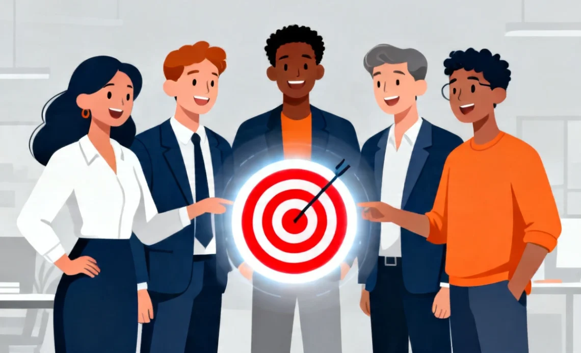 Diverse business team standing together in an office looking at a glowing target bullseye icon representing how to reach your target audience effectively using marketing strategies.