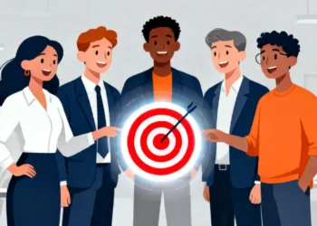 Diverse business team standing together in an office looking at a glowing target bullseye icon representing how to reach your target audience effectively using marketing strategies.
