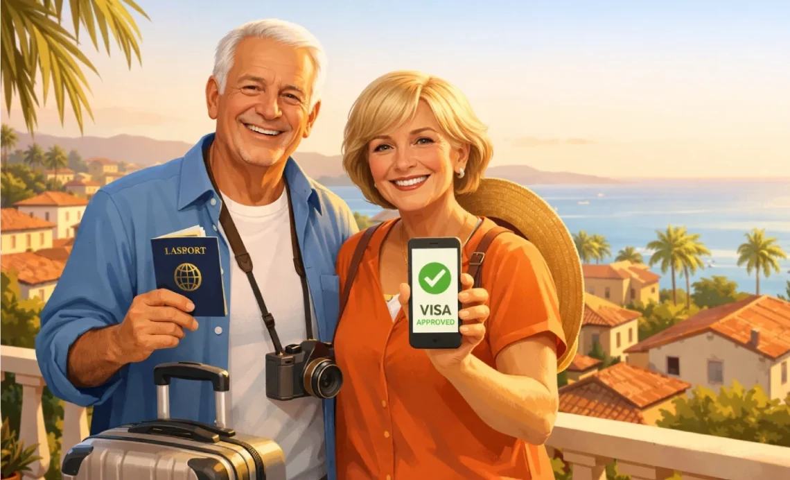 Retire Abroad: 3 Essential Steps to Make Your Move Successful 1 Retired couple planning to retire abroad, holding passport and visa approval on a balcony overlooking a coastal town